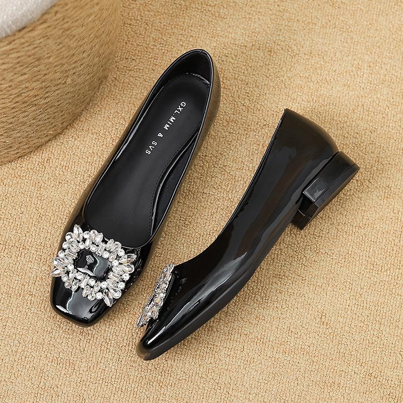 Huiliya Square Head Single Shoes Women's 2025 Women's Thick Heel New Fashion Commuting Temperament Low Heel Square Buckle Rhinestone Women's Shoes