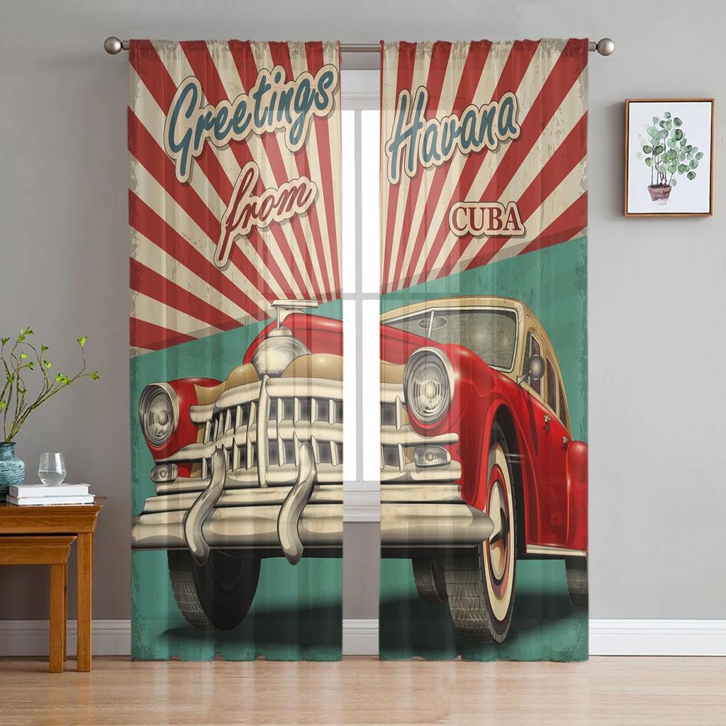 Motorcycle Highway Retro Style Chiffon Curtains Living Room Bedroom Home Decoration Window Voiles Tulle Curtain Light Filtering For Sitting Polyester
