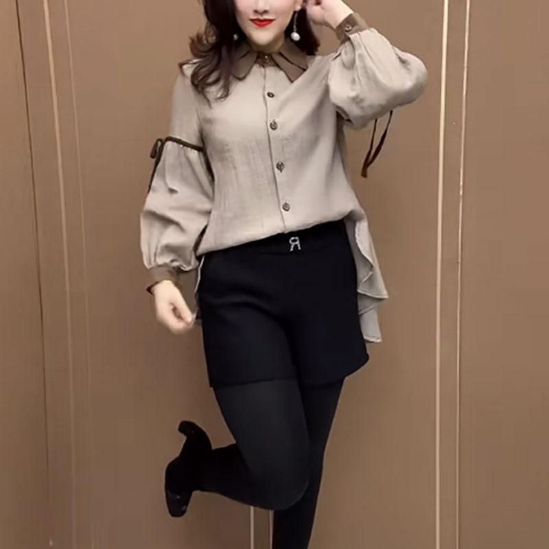 Preppy Style Commute Lantern Sleeve Shirt Spring Autumn Lapel Women's Clothing Single-breasted Fashion Spliced Drawstring Blouse