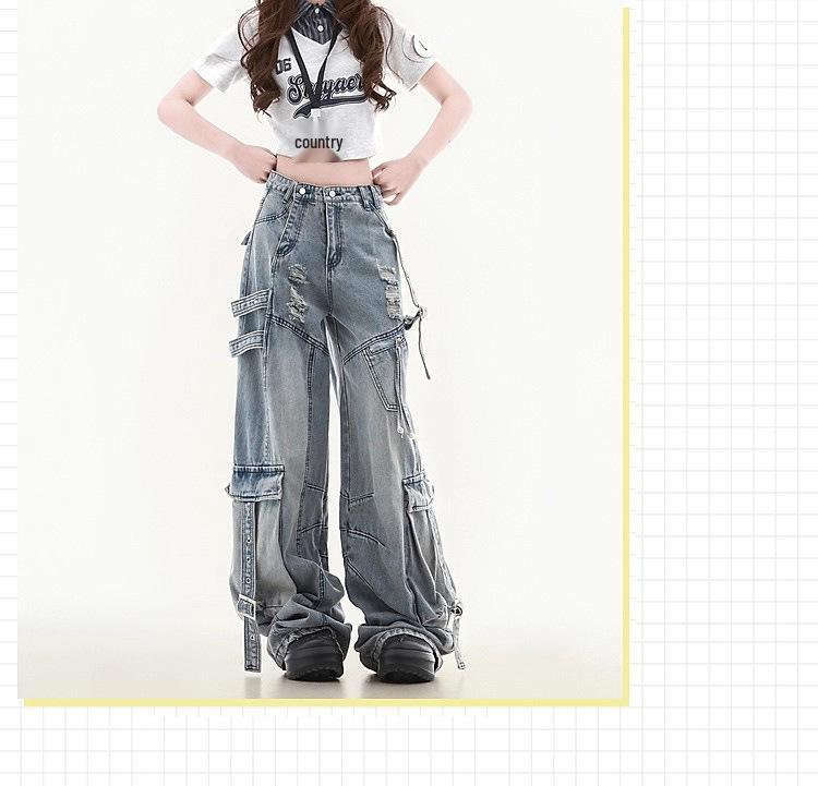 Unisex Wide-Leg Multi-Pocket Ripped Blue Jeans with Deconstructed Ribbon