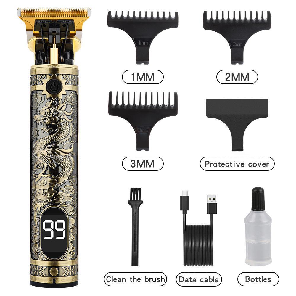 Retro T9 Electric Hair Clipper with LCD Display, USB Charging, Buddha Head Design, Oil Head Styling, and Power Push Technology.