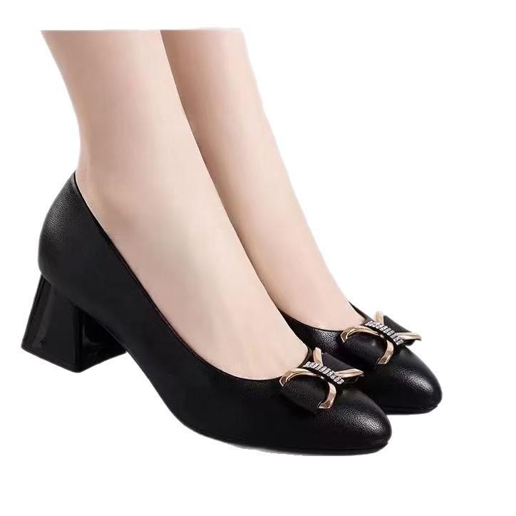 Coarse heel leather single shoes new middle heel leather shoes soft leather soft sole high heels