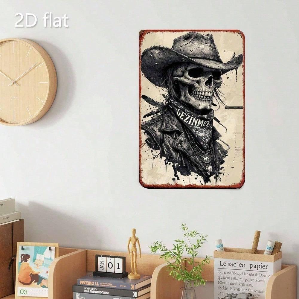 Vintage Skull Cowboy Tin Sign Rustproof UV Resistant Metal Wall Art Retro Farmhouse Home Decor 2D Flat Unframed