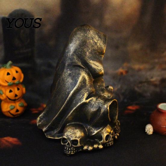 Creative Gift for Halloween Lovers Wizard Ghost LED Night Light with Embossed Skull Base, Resin Glowing Figurine, Environmentally Friendly Craft