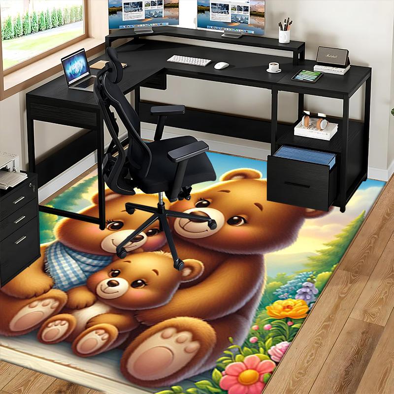 1pc Anime Cartoon Design Office Chair Mat - Cute Bear Family with Butterflies and Flowers, Suitable for Home Decor, Living Room, Bedroom, Game Room, N