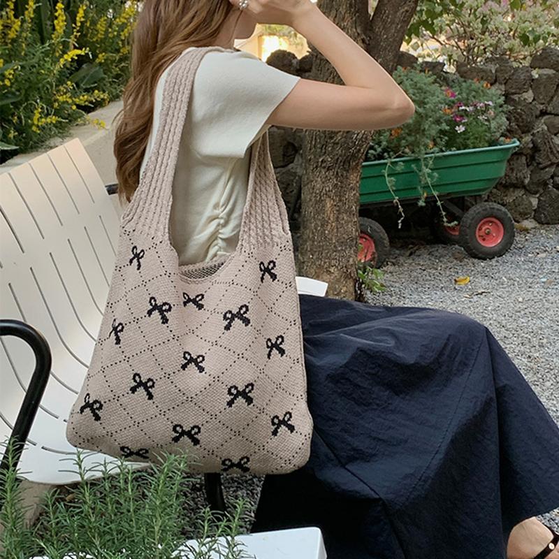 Women Knitting Shoulder Bag Large Capacity Crochet Grocery Bag Contrast Color Travel Shopping Handbag Ladies Daily Handbag