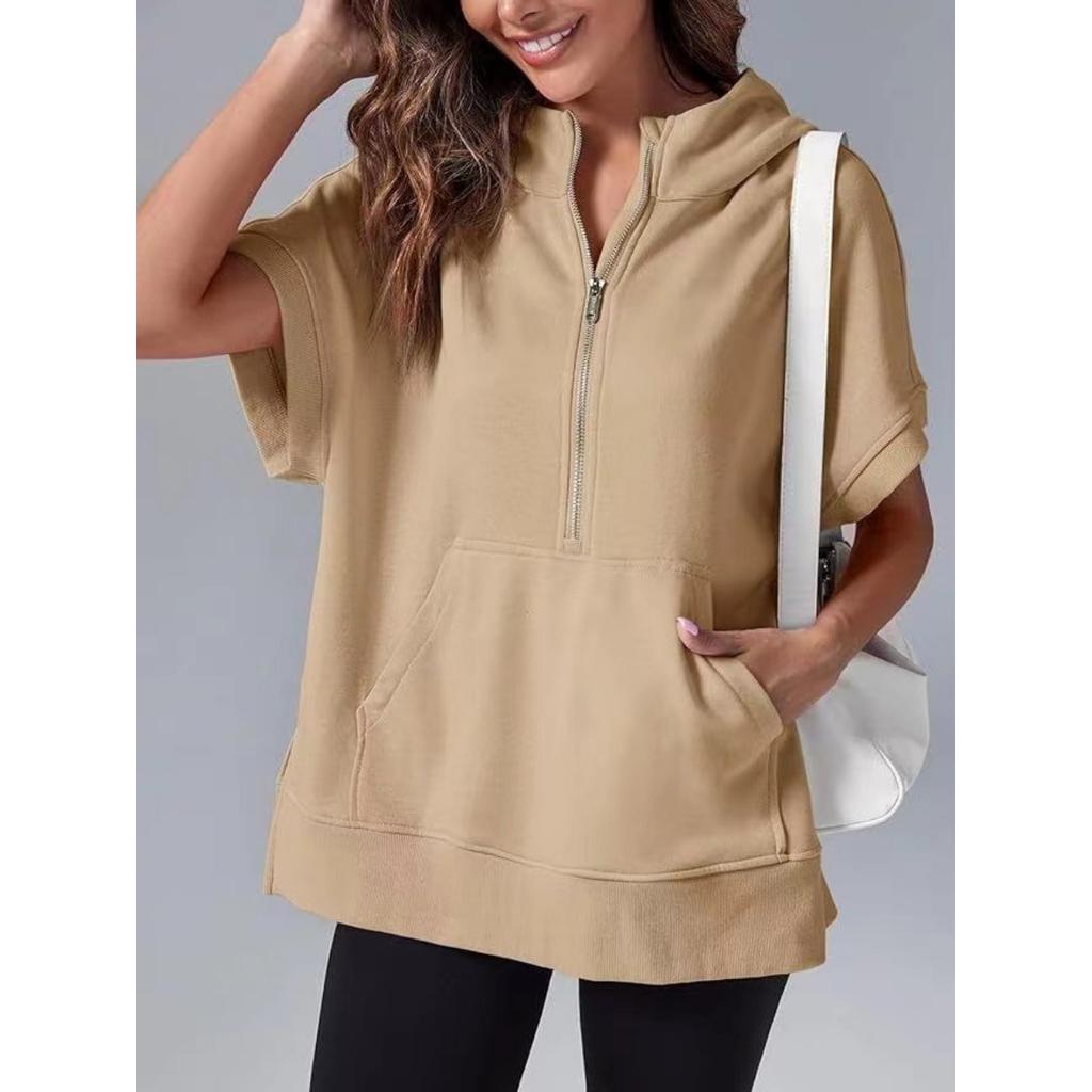 Women's Hooded Short Sleeve Half Zip Oversized Casual Sweatshirt With Pockets