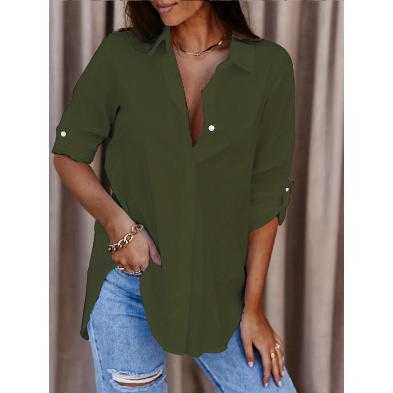 2024 Solid Button Front Shirt Casual Turn Down Collar Office Work Shirt Women's Clothing