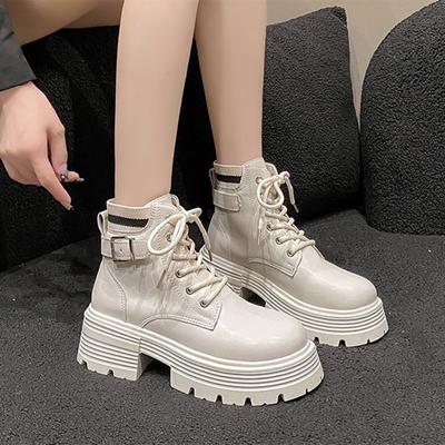 Dámské kotníkové boty s platformou a silnou podrážkou Šněrovací kovová přezka Design Biker boots pro ženy Kožené Lehké Protiskluzové Pracovní boty