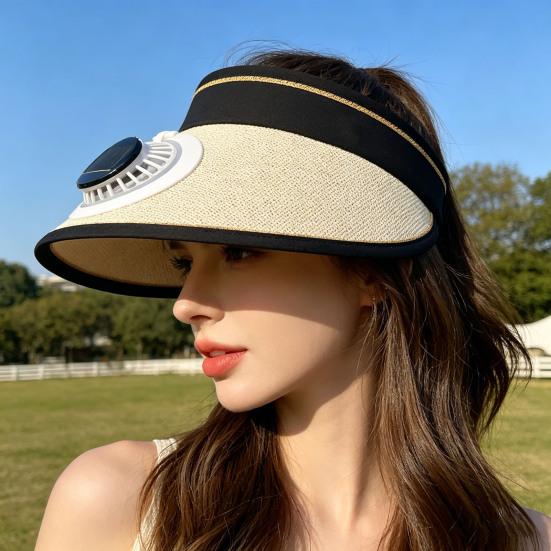Chapeau de soleil design à sommet vide bord étendu protection solaire intégrale pour tout le visage chapeau avec ventilateur intégré alimenté par énergie solaire circonférence de tête réglable chapeau de paille