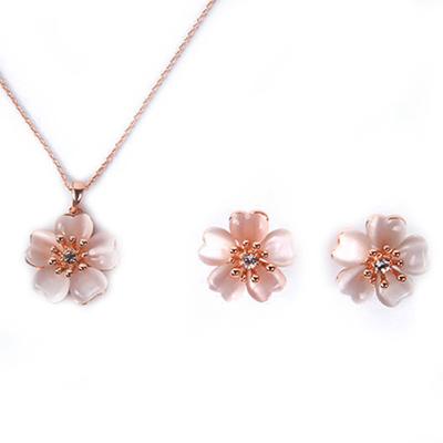 2Pcs Women Faux Opal Flower Pendant Necklace Stud Earrings Jewelry Set
