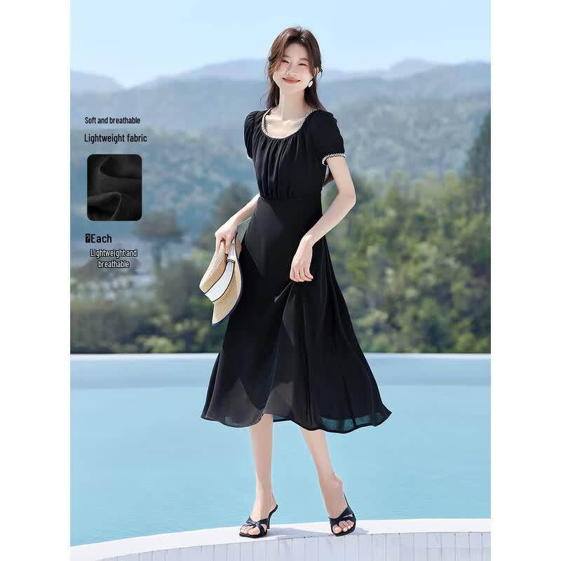 Mohan Yimei Roman Holiday French Square Neck A-Line Dress S