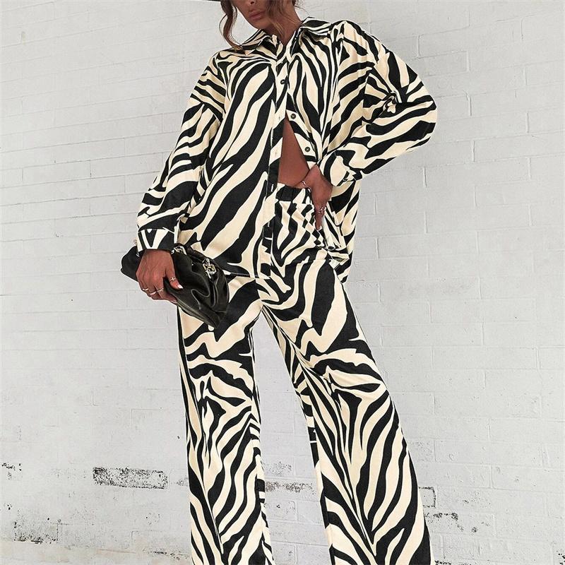Autumn Elegant Long Sleeve Top And Elastic High Waist Trousers Suit Trouser Suits Loose Stripe Women Shirt Pants Two Piece Set