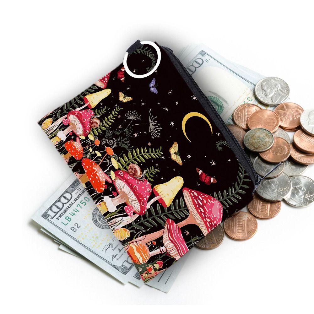 Portable Mushroom Print Cosmetic Bag Polyester Zipper Travel Storage Bag Large Capacity Key Card Holder