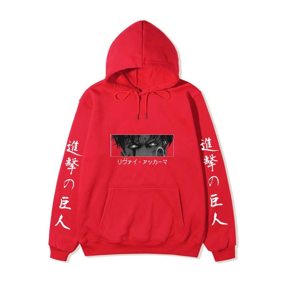 Anime Attack On Titan Levi Ackerman Hoodie, Double Sleeve Japanese Text Print Pullover Sweatshirt Long Sleeve Streetwear for Men Women