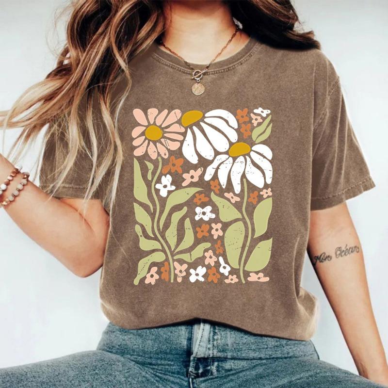 Women's Washed and Aged Floral Round Neck Loose Short Sleeve Casual Top