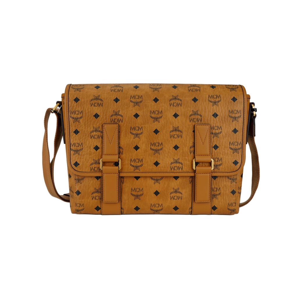 MCM Visetos Leather Messenger Crossbody Bag with Gold Hardware for Daily & Business Use