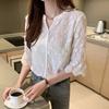 Women's Short Sleeve Lace Blouse Summer Tops Embroidery Floral White Shirt