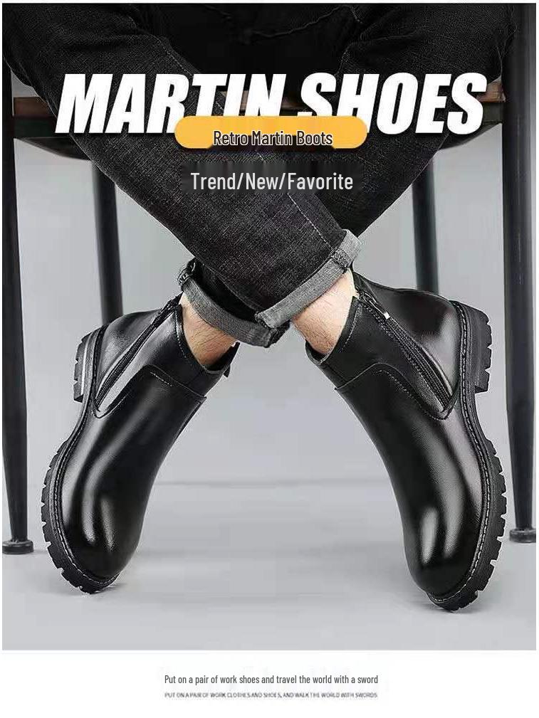 Men's High-Top Martin Boots: Soft Leather, Height-Boosting, Plus Velvet, Thickened Winter Cotton Shoes.