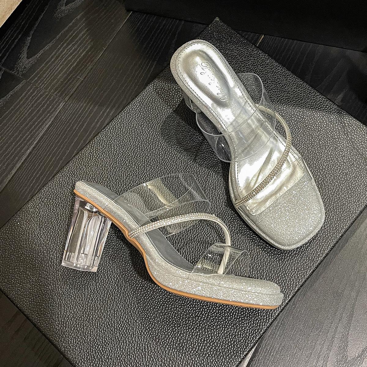 

Silver word with rhinestone open-toed cool slippers women s summer wear high-end crystal thick heel square head high heels 34