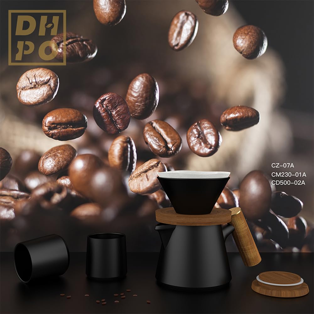 DHPO Ceramic Pour Over Coffee Dripper Set High Temperature Fired Ceramic Accessories V60 Dripper Wooden Handle Black 590ml