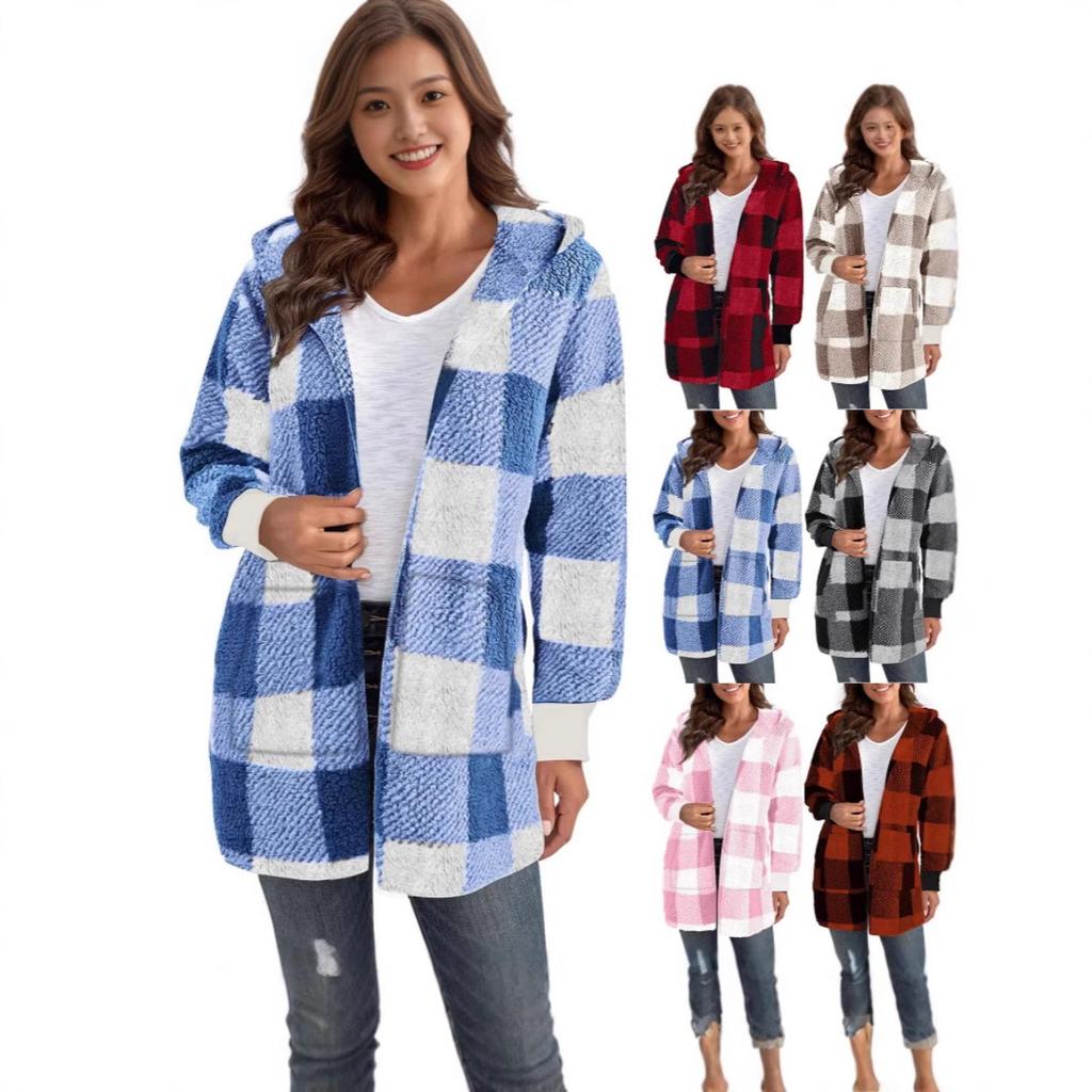 Fall Winter Women's Plaid Hooded Fleece Coat, New Casual Warm Outerwear for Women