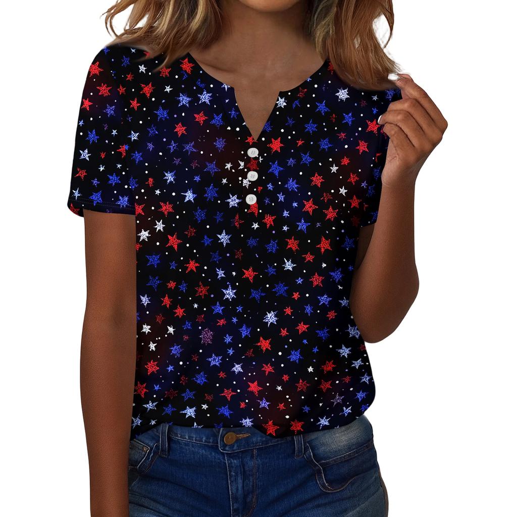 Women's T Shirt Independence Day Print Button Short Sleeve Daily Weekend Fashion Basic V- Neck Regular Top