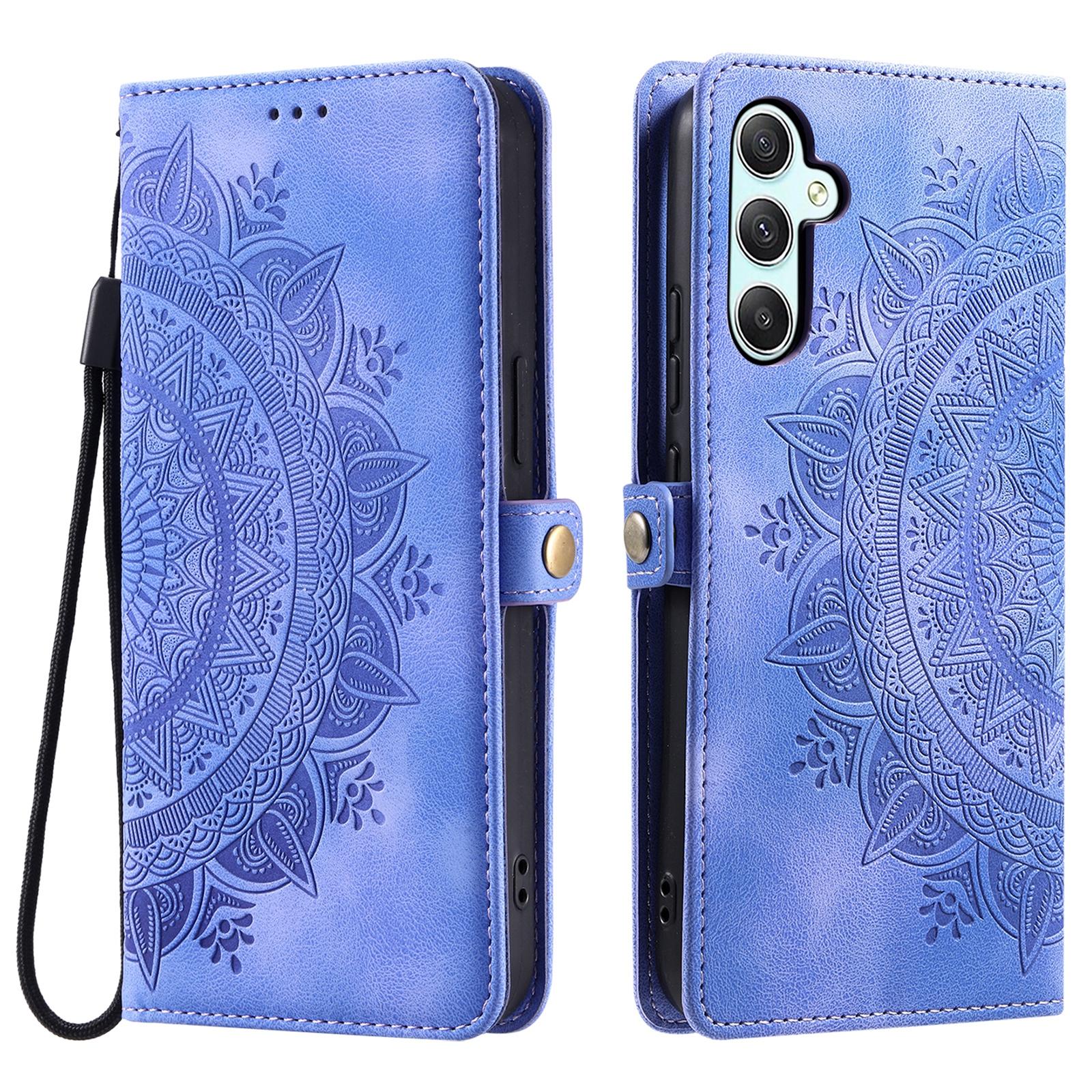 

For Samsung Galaxy S25 FE Case Skin Feel Totem Imprinted Wallet Leather Phone Cover with Hand Strap Purple