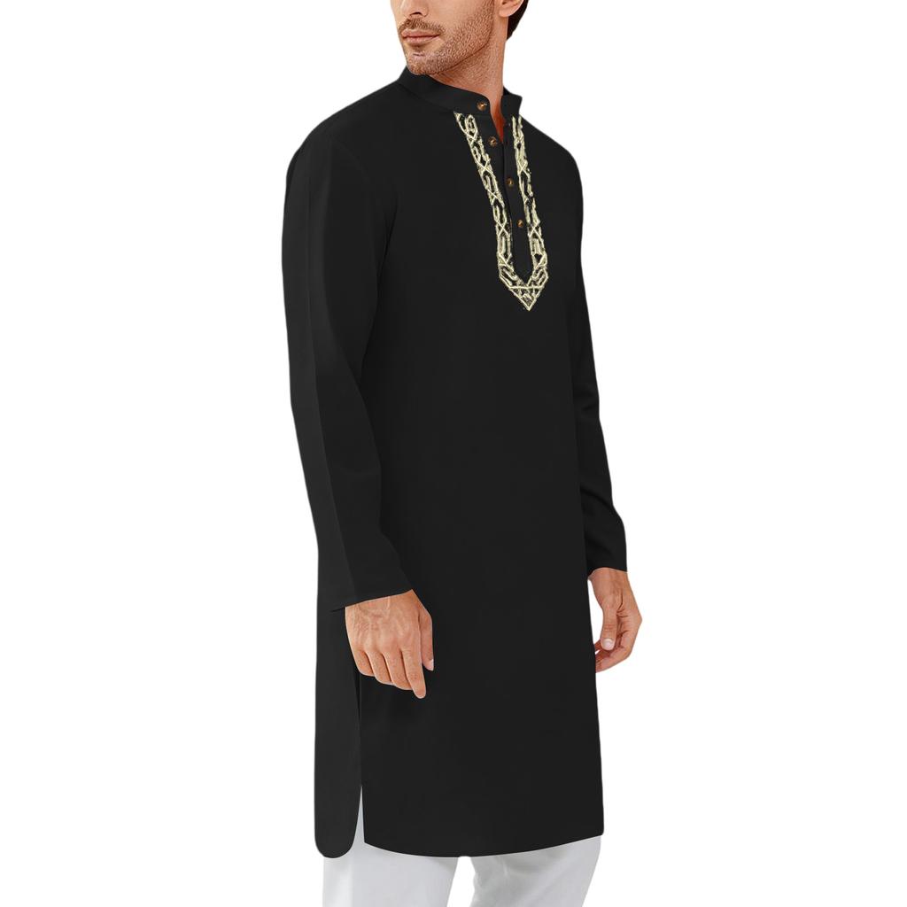 Mens Kaftan Thobe Button Down Casual  Shirts Long Sleeve Robe Cotton Linen Muslim Gown Shirt