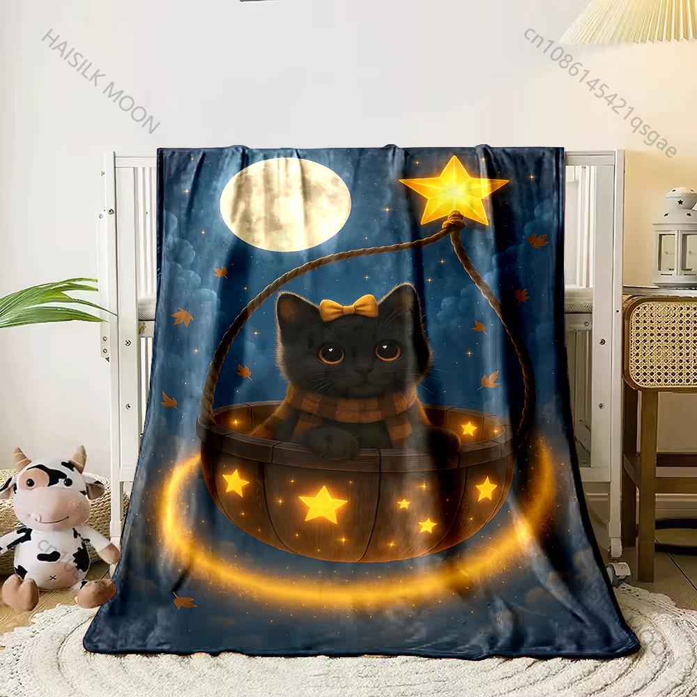 Black cat in basket starry sky Print Adult Children Warm Blankets Home Travel Car Soft Comfortable Suitable for all seasons