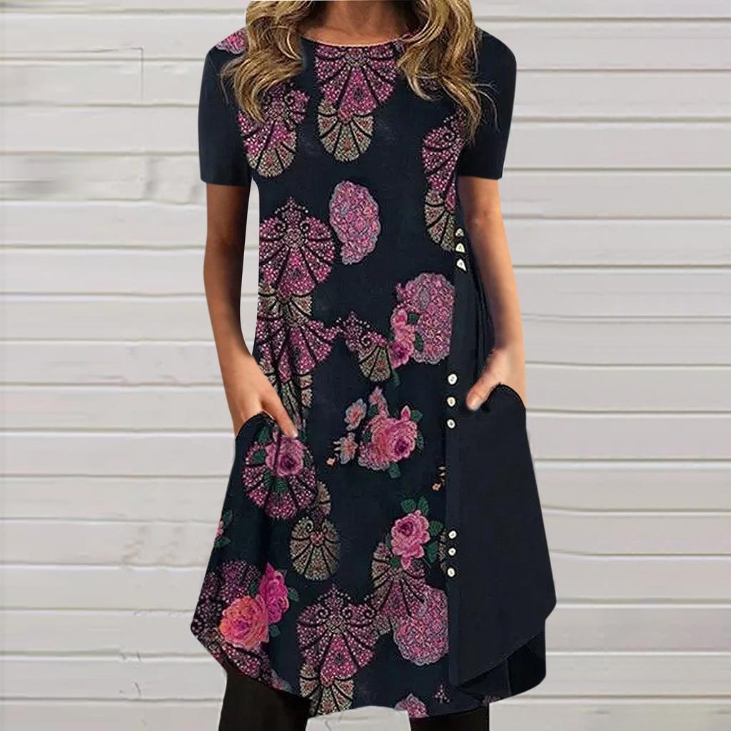 Women's Fashionable Casual Ethnic Printed Retro Round Neck Short Sleeve Dress