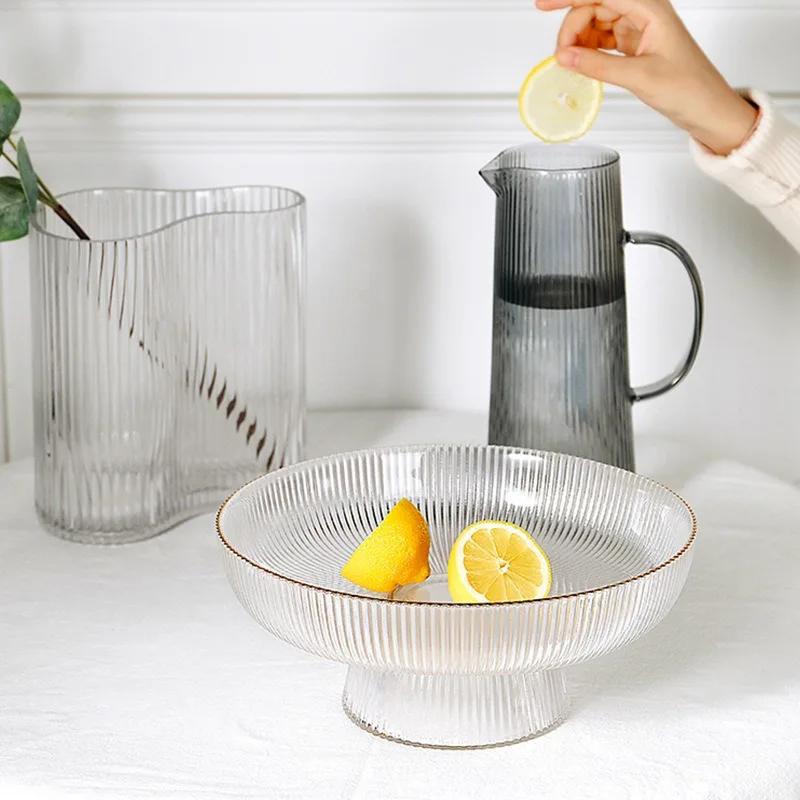 Glass Fruit Bowl with Feet Tall Striped Storage Tray Home Living Room Decoration Creative Dried Fruit Tray Snack Tray