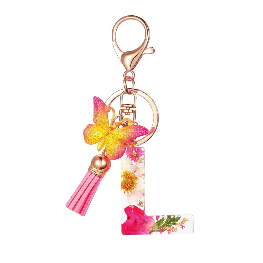 Flower Resin Keychain With Tassels And Butterfly Design 26 Letters Pendant Classic Retro Practical Durable Backpack Hanging Accessory