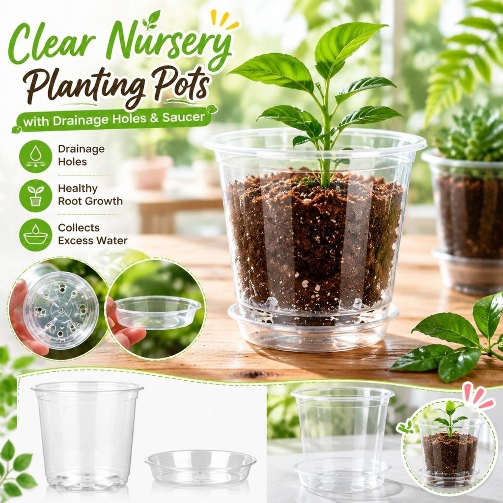Clear Plastic Plant Pots with Drainage Holes and Saucers - 4, 5, 6, 7 Inch Sizes for Seed Starting and Propagation