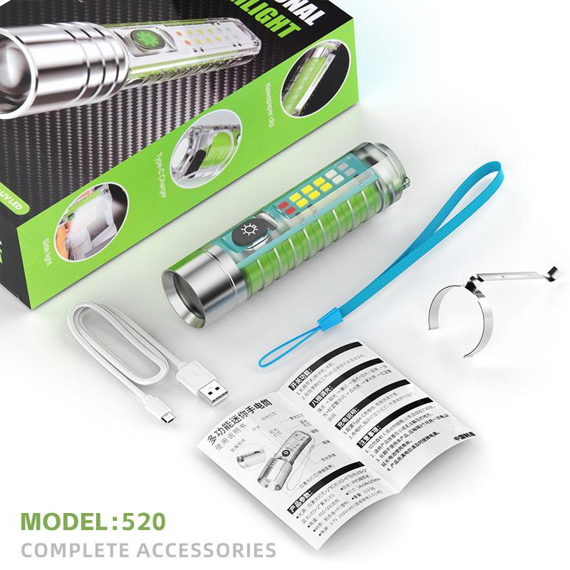 

Мини-фонарик-брелок Type C с быстрой зарядкой, зумом, многофункциональный, выдвижной, водонепроницаемый, COB led+battery+usb зелёный