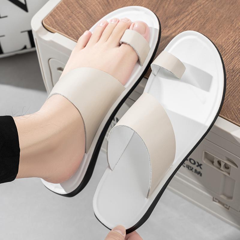 Men Brown Flip Flops Flats Slippers Summer White Sandals Retro Black Leather Beach Shoes Plus Size