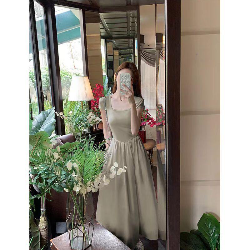 

Летнее женское платье макси с квадратным вырезом, коротким рукавом и приталенного силуэта в французском стиле, 2023 M, recommended for 100-115 lbs