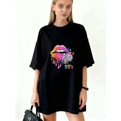 Oversized T Shirt Black Rainbow Lips And 90s Print Casual Streetwear For Women
