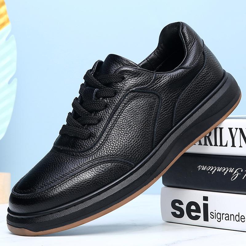 [Tie-free] First-layer Cowhide Board Shoes Men's Fashion Elastic Band Four-season Breathable Black Foot Cover Lazy Light Luxury Shoes