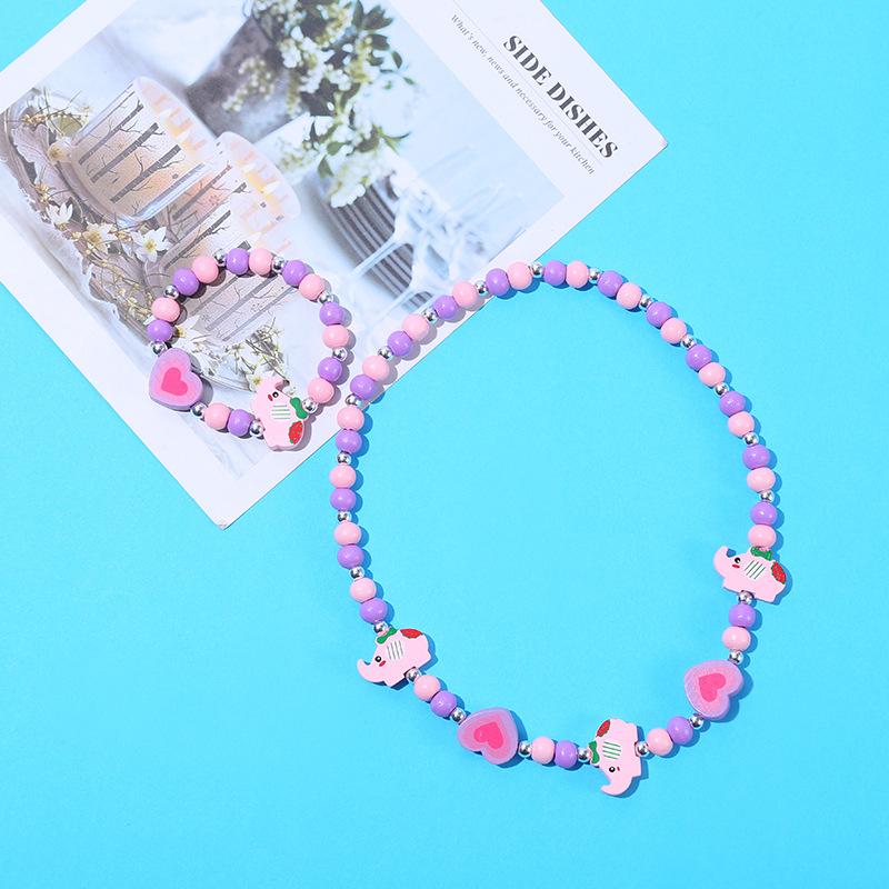 2pcs/Set Fashion Natural Wood Beads Jewelry Cute Animal Pattern Necklace Bracelet For Children Party Jewelry Girl Birthday Gift