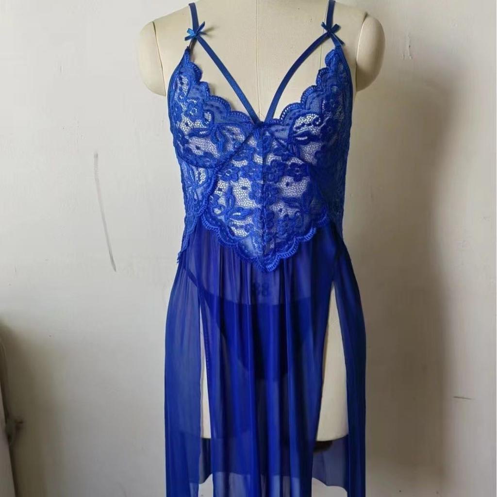 European and American Erotic Underwear, Sexy Mesh, Perspective Pajamas, Lace Embroidery Suspender Nightdress, Women's Open-ended Breast Dress