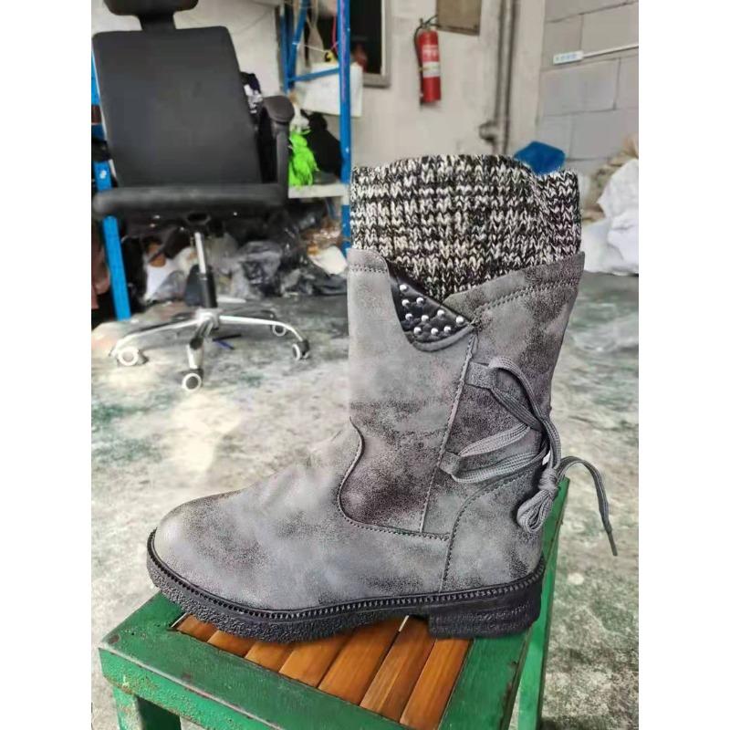 Independent Station Winter New Women's Boots Large Size Medium Tube Martin Boots Women's Thick Heel Rear Strap Retro Women's Leather Boots
