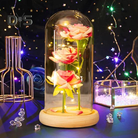 Rose préservée dans un dôme en verre avec éclairage LED, fleur éternelle, cadeau romantique pour femme, Saint-Valentin, fête des mères