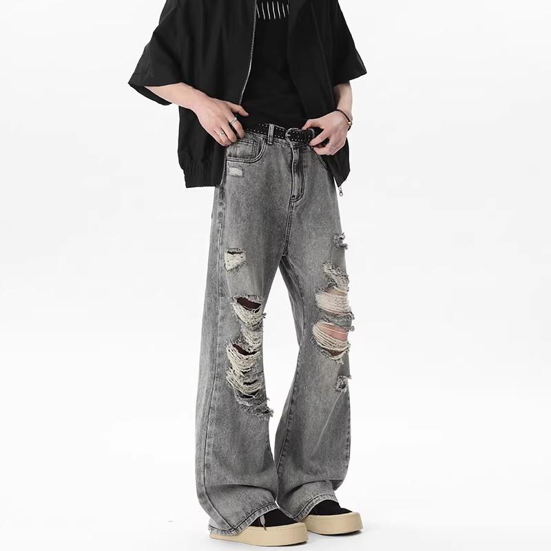Summer thin ripped jeans men's American high street vibe style design sense niche loose retro destroyed pants