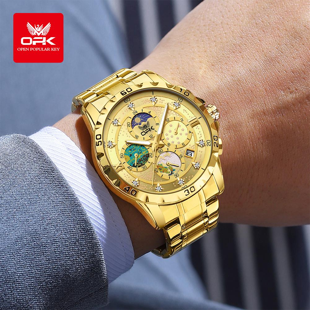 OPK Moon Phase Men's Watches Multi-function Timing Stainleess Steel Luminous Waterproof Watch for Man