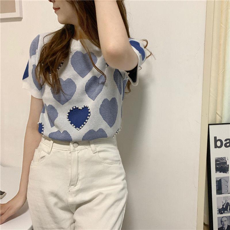 Ice Silk Knitted Short Sleeved Women's Summer Thin Design Niche French Gentle Style Short on Top Clothing