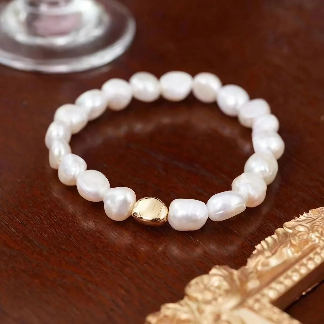 Hengsheng 8-9mm Baroque Freshwater Pearl Bracelet for Women 18cm 925 Sterling Silver Women s Hand Bracelet Jewelry Gift 2025 New 18cm&gold color белый