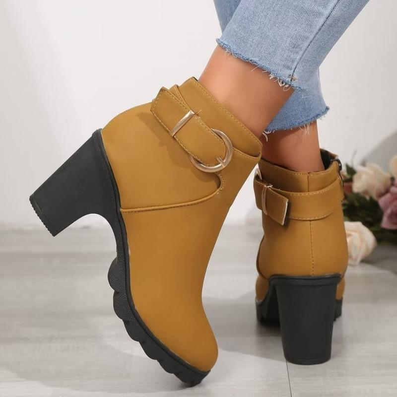 Large Size Leather Boots High Heel Short Boots Children's Heel Round Head Side Zipper Martin Boots