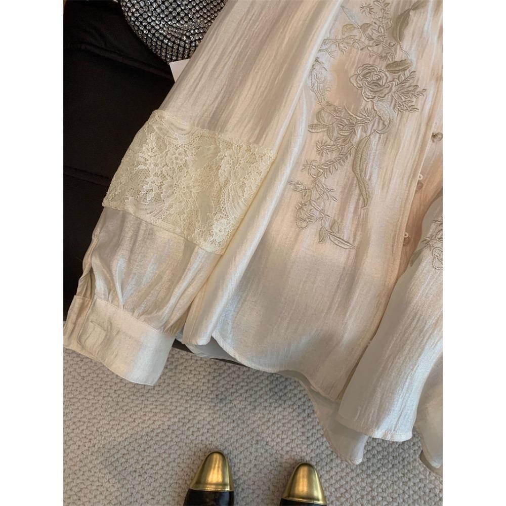 Elegant and Versatile New Embroidery Satin Shirt Women's  Early Spring New Arrival Super Fairy Outerwear Long Sleeve Blouse