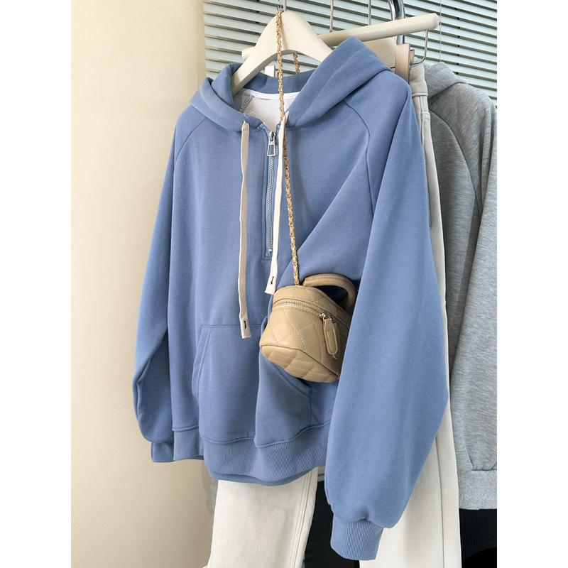 

Хлопковый осенний тонкий новый худи с полумолнией, женский повседневный большого размера, свободный пуловер, универсальная куртка M синий